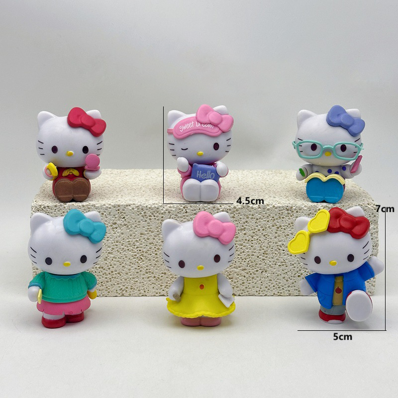 Hello Kitty 6 PCS Statue Figure Set Cute Cartoon Collection Model Toy Kawaii Character Ornament Desk Shelf Gift Fans