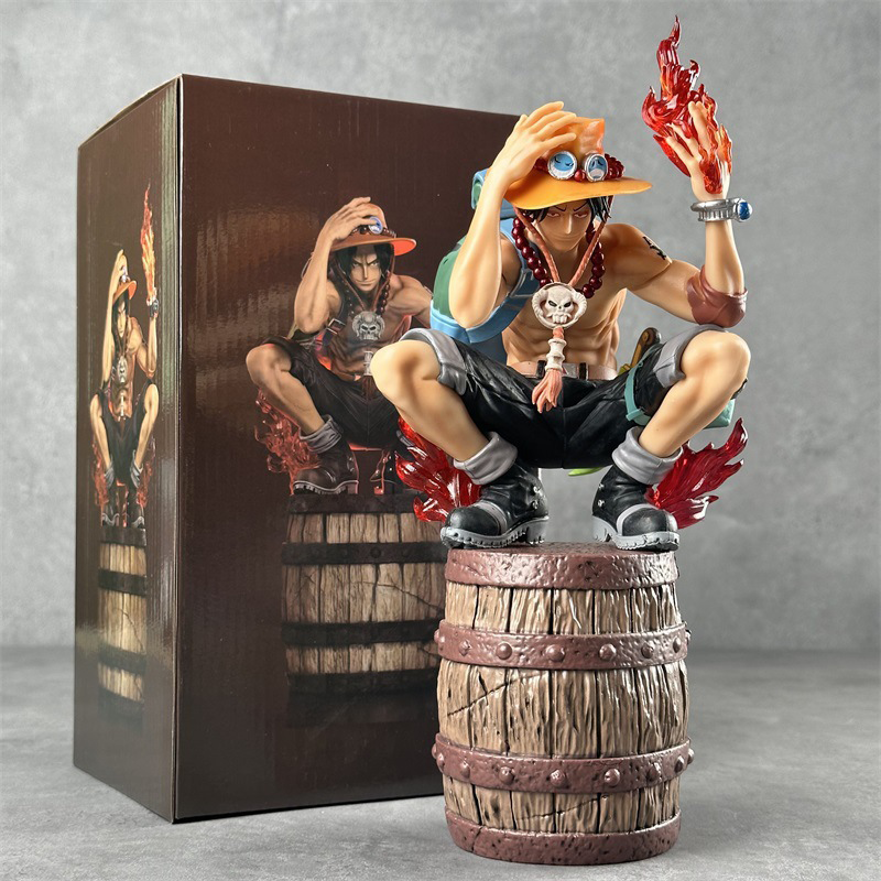 One Piece Portgas D Ace Sitting on Barrel Statue Figure Flame Fist Ace Collection Anime Model Toy Fans