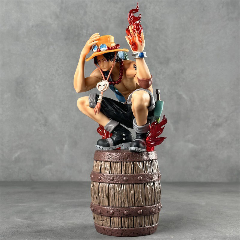 One Piece Portgas D Ace Sitting on Barrel Statue Figure Flame Fist Ace Collection Anime Model Toy Fans