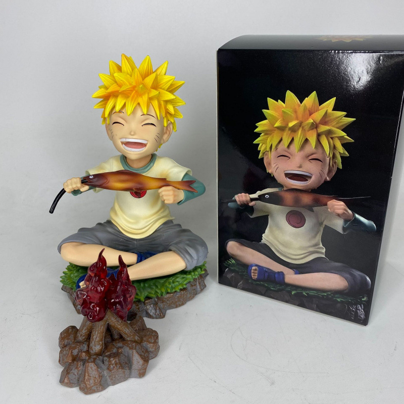 Naruto Uzumaki Childhood Statue Figure Grilled Fish Pose Anime Collection Model Toy Fans Gift Decoration