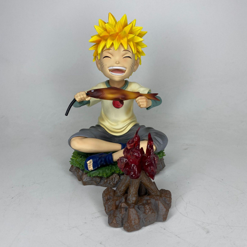 Naruto Uzumaki Childhood Statue Figure Grilled Fish Pose Anime Collection Model Toy Fans Gift Decoration