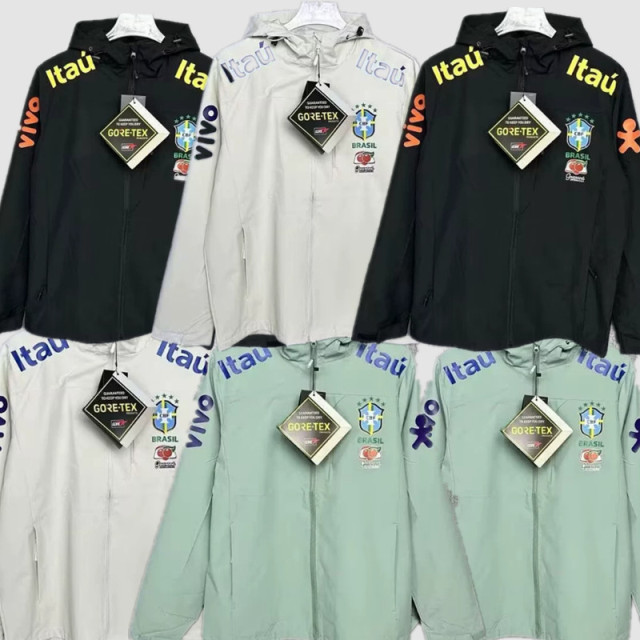 Brazil hooded stand-up collar coat VINI JR. NEYMAR JR  National Team G.JESUS  Mencasual sports lightweight jacket-style windbreaker Football training suit storm jacket