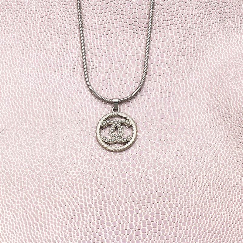 Silver CC Designer Inspired Pearl Charm Satellite Necklace