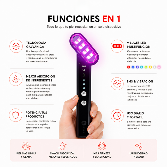 FÉNUS Varita de Belleza | Galvanic + 9 Luces LED para una Piel Más Radiante y Luminos
