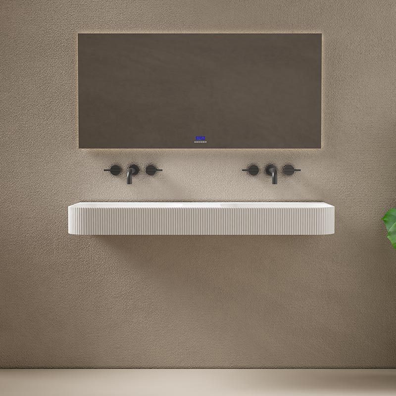 Wholesale High End Quality Wall-Mount Hung Solid Surface Fluted Wash Basin Groove Double Bathroom Sink TW-8686G