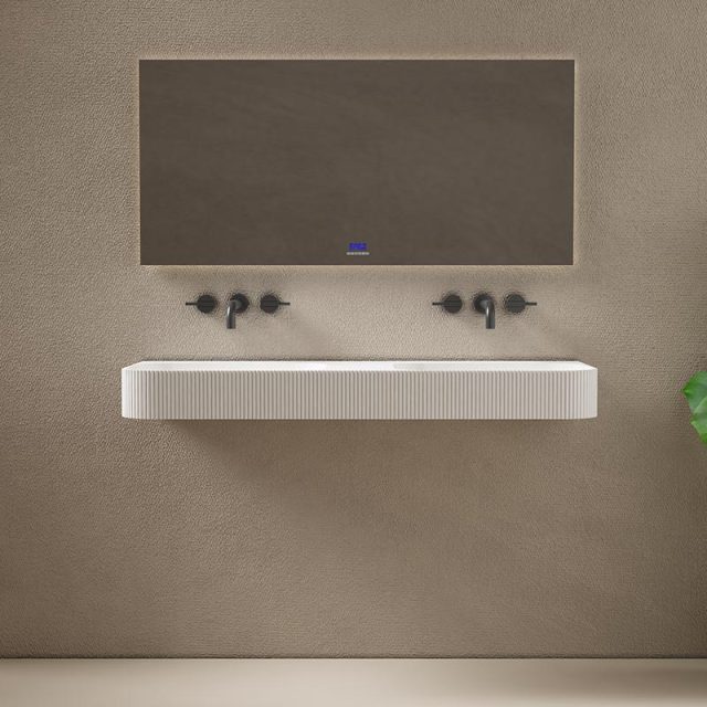 Wholesale High End Quality Wall-Mount Hung Solid Surface Fluted Wash Basin Groove Double Bathroom Sink TW-8686G