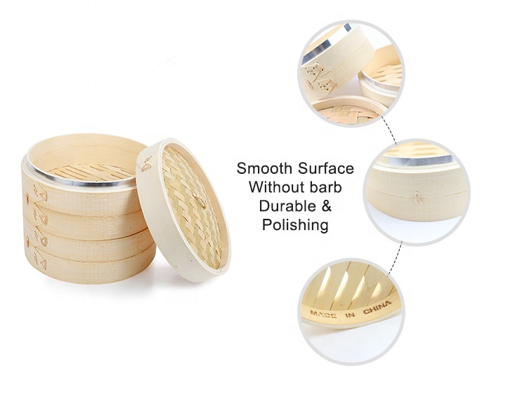 Bamboo Food Commercial Rice Steamers Basket Natural Mini Size Stainless Steel Food Steamer Steam Cooking Bamboo Lid Round Shape