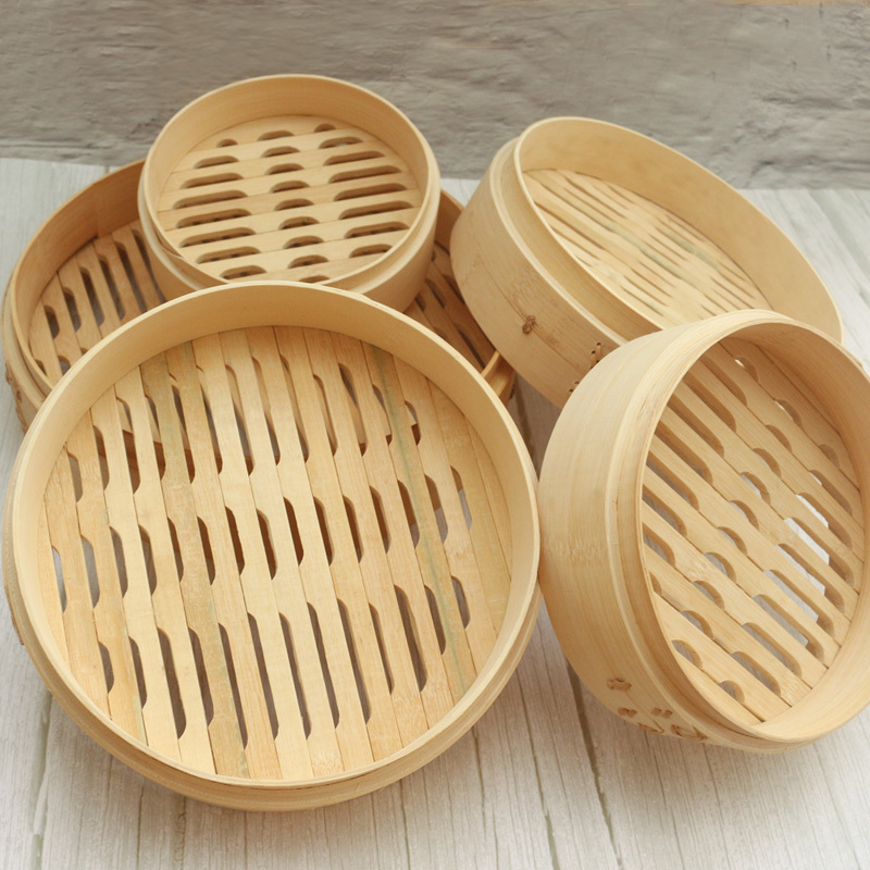 Bamboo Food Commercial Rice Steamers Basket Natural Mini Size Stainless Steel Food Steamer Steam Cooking Bamboo Lid Round Shape
