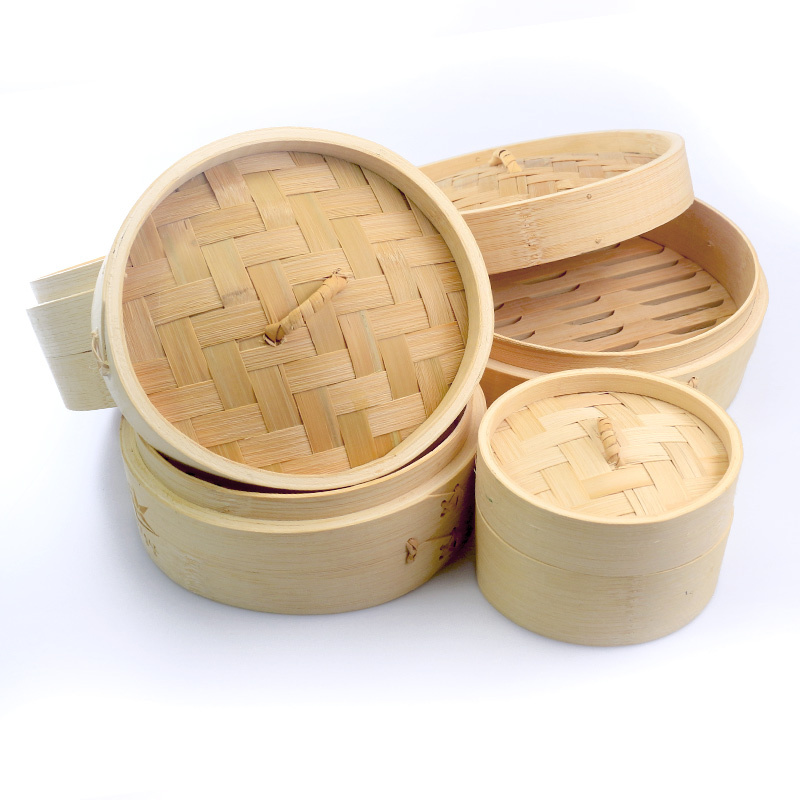 Bamboo Food Commercial Rice Steamers Basket Natural Mini Size Stainless Steel Food Steamer Steam Cooking Bamboo Lid Round Shape