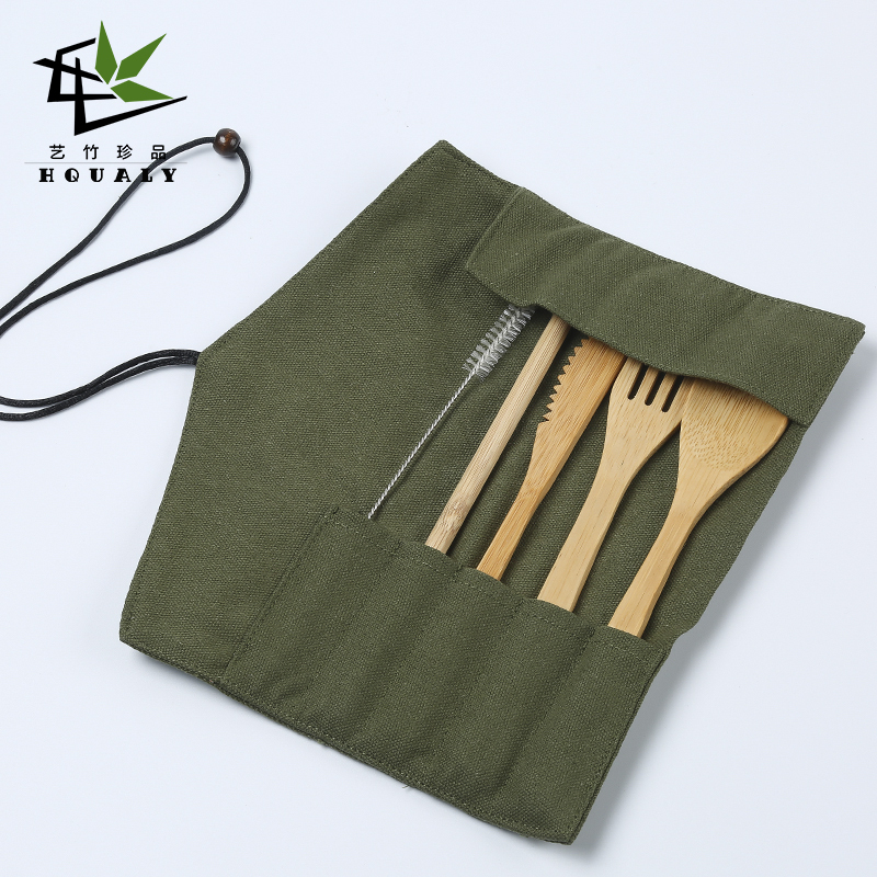 Travel Outdoor Portable Reusable Tableware Bamboo Utensils Knife Fork Spoon Chopsticks Straw Bamboo Cutlery Set