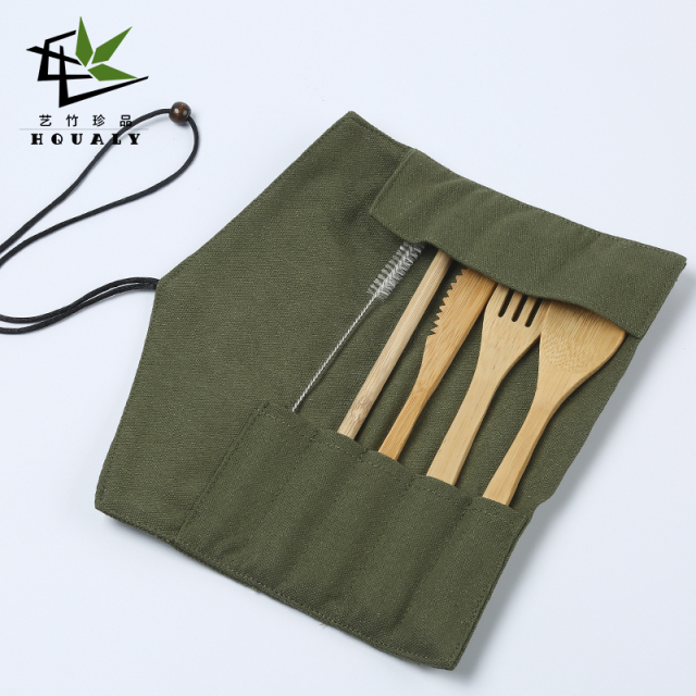Travel Outdoor Portable Reusable Tableware Bamboo Utensils Knife Fork Spoon Chopsticks Straw Bamboo Cutlery Set