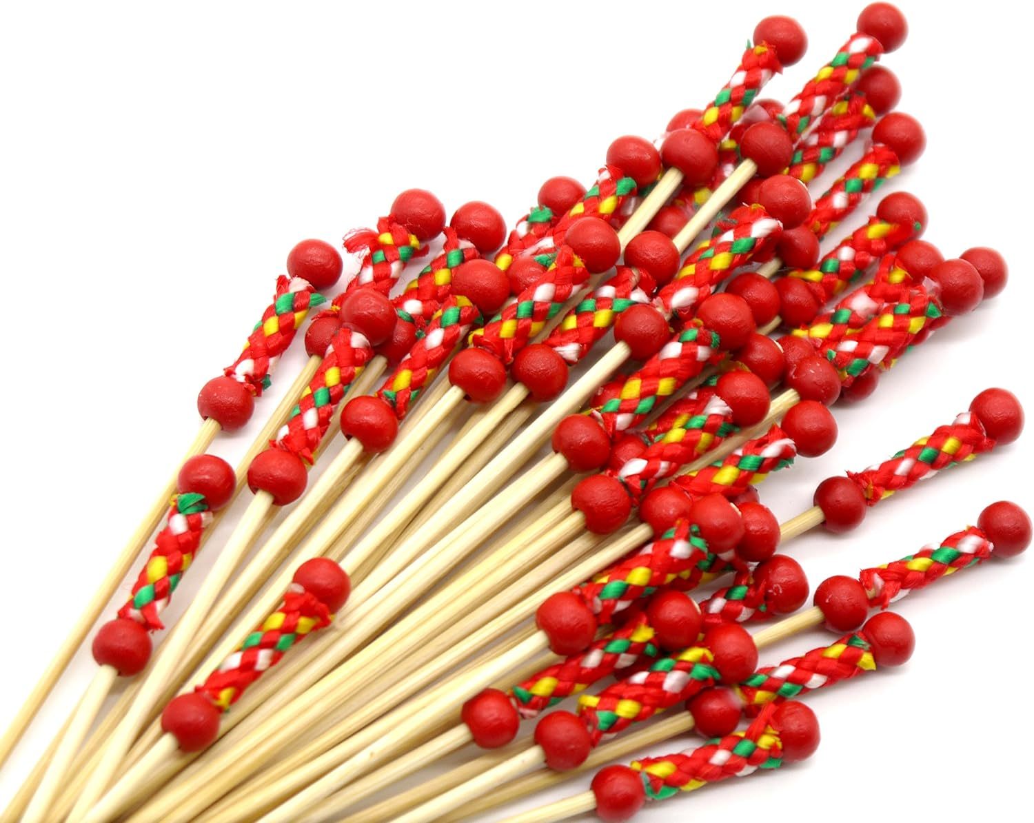 PuTwo Cocktail Picks Handmade Toothpicks 4.7” 100ct Red Beads with Rope