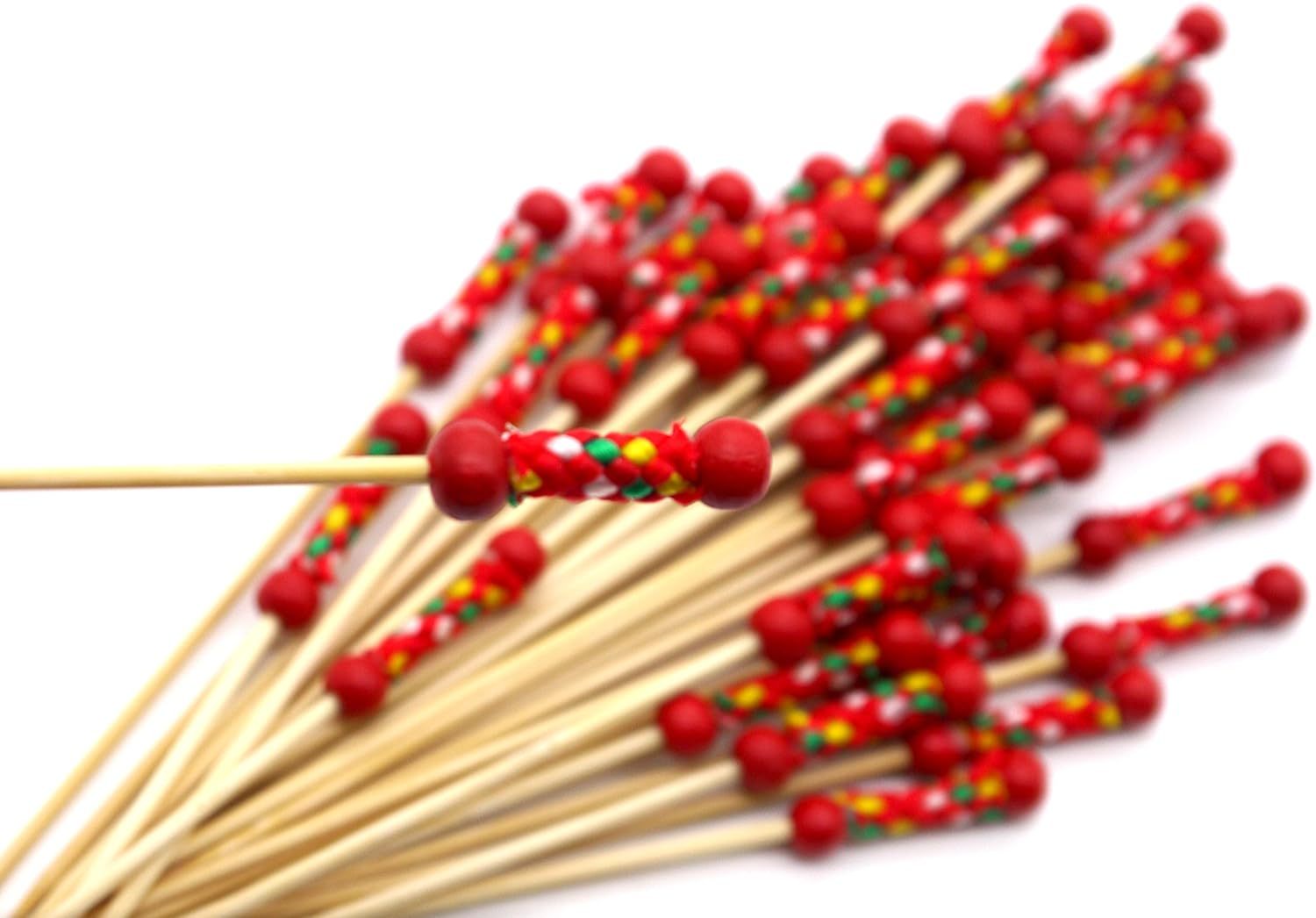 PuTwo Cocktail Picks Handmade Toothpicks 4.7” 100ct Red Beads with Rope