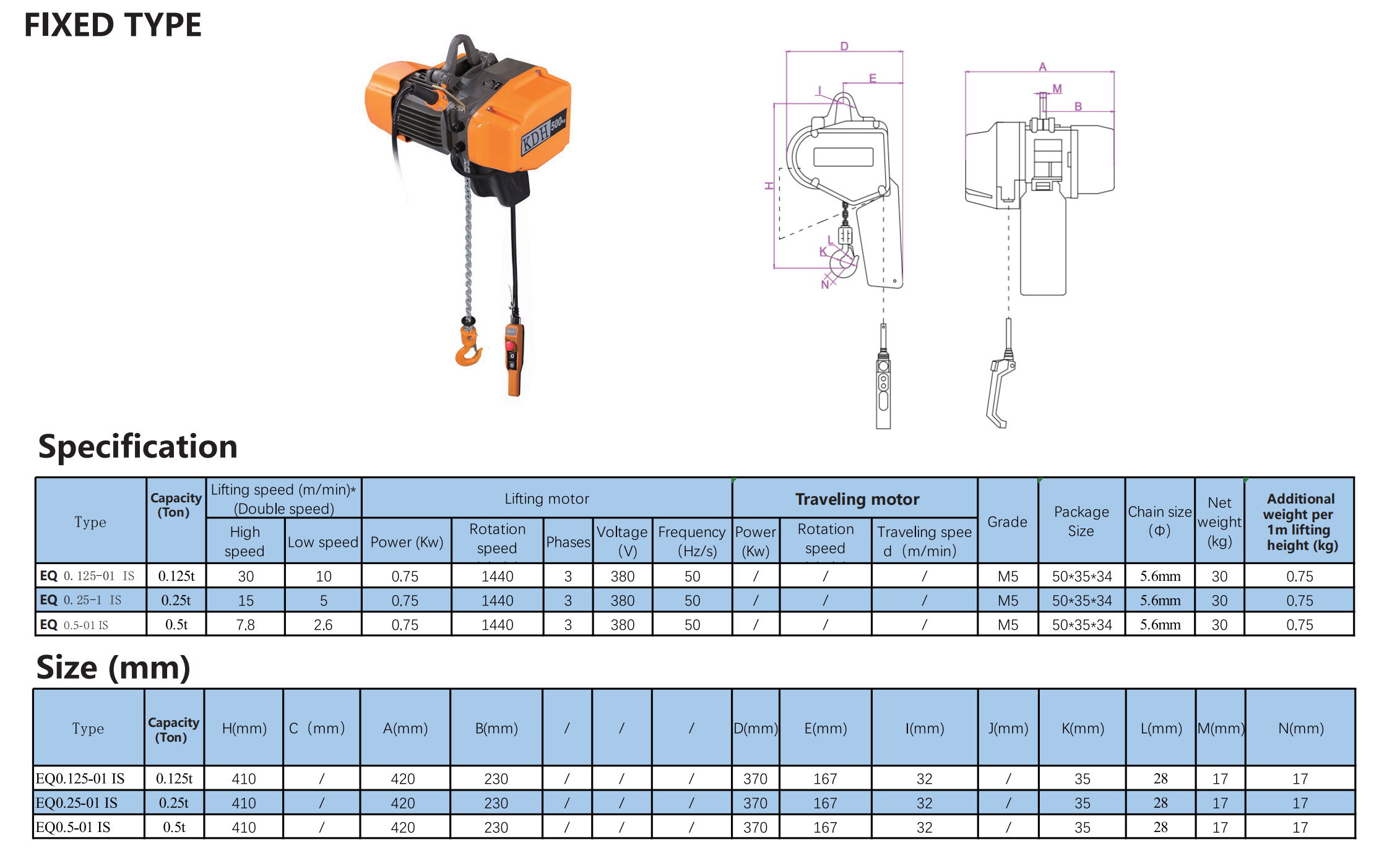 0.125-0.5T Single Chain Hook Type Electric Chain Hoist EQ series