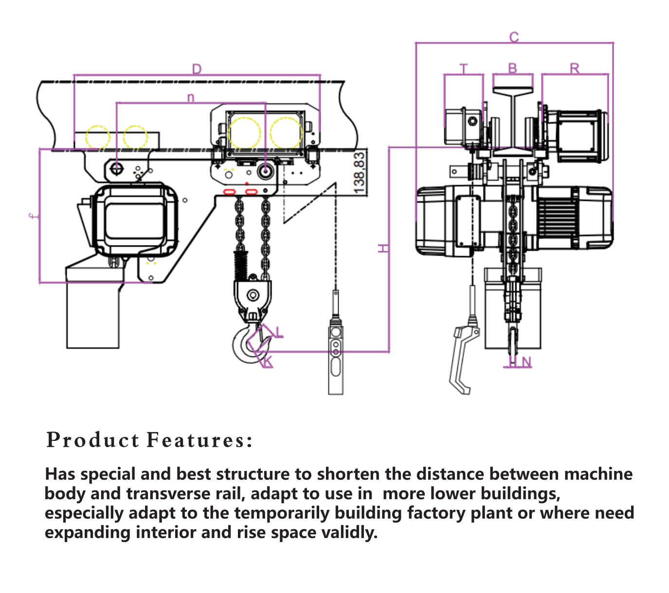 1-10T Ultra Low Headroom Type Electric Chain Hoist EQ series