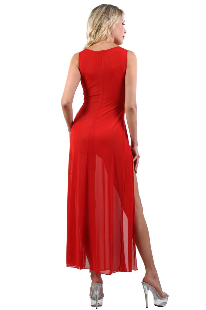 Robe longue en résille transparente, ouverte sur les cuisses