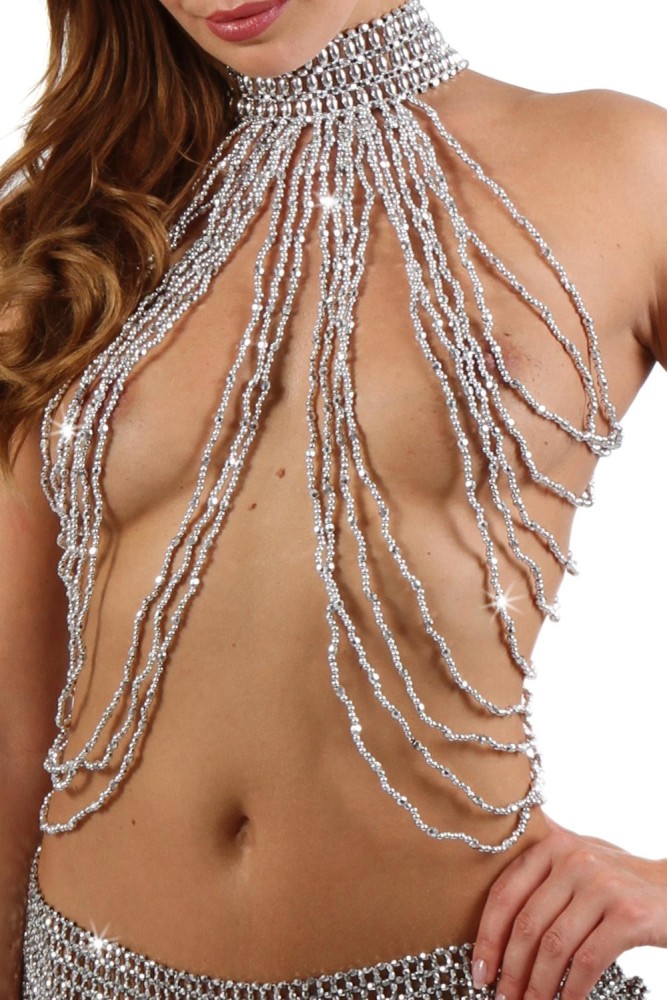 Top perlé fait main, fermeture col