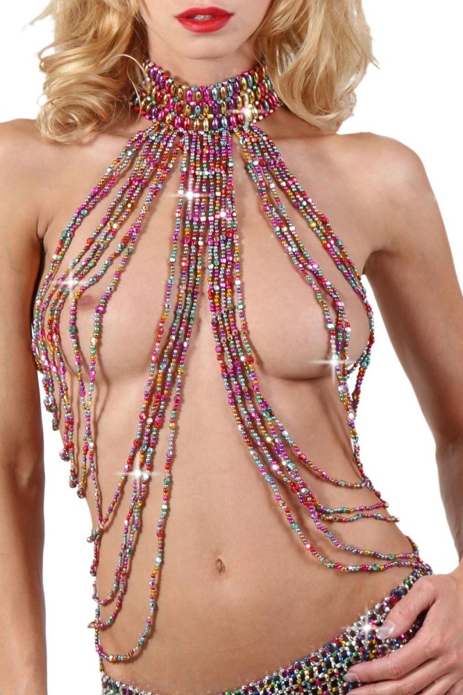 Top perlé fait main, fermeture col