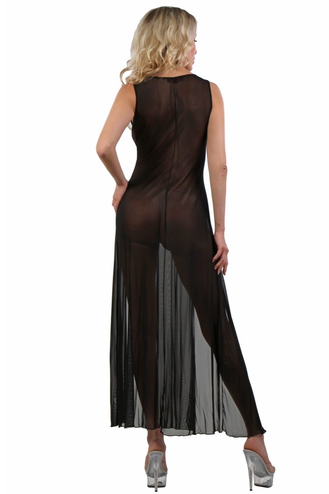 Robe longue en résille transparente, ouverte sur les cuisses