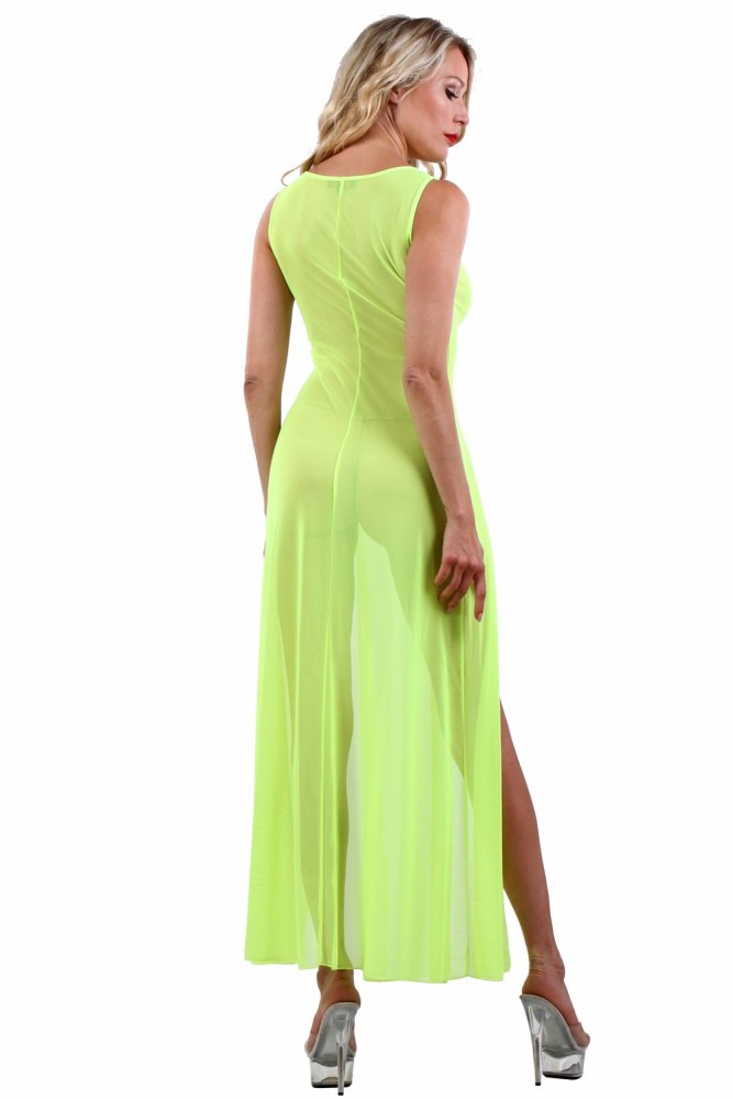 Robe longue en résille transparente, ouverte sur les cuisses