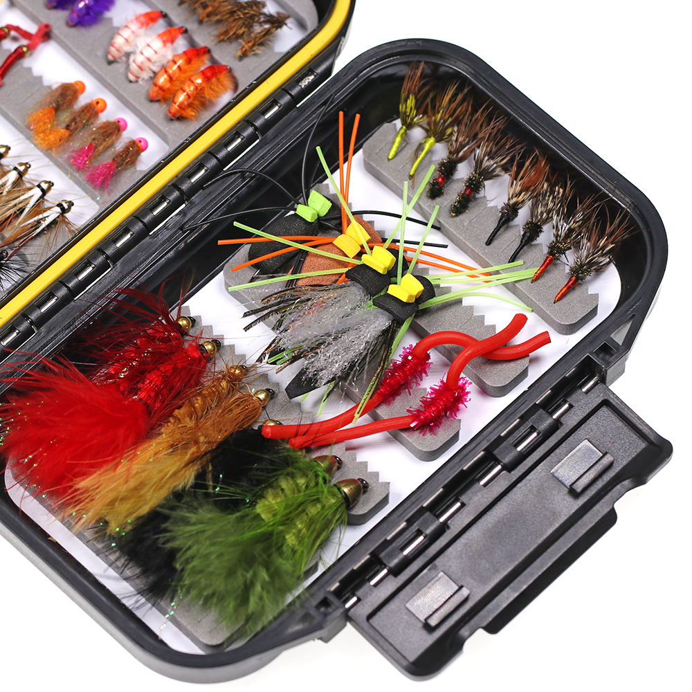 ICERIO 70pcs Fly Fishing Flies Kit Trout Bass Fishing with Fly Box Dry Wet Flies Nymphs Worm Streamers