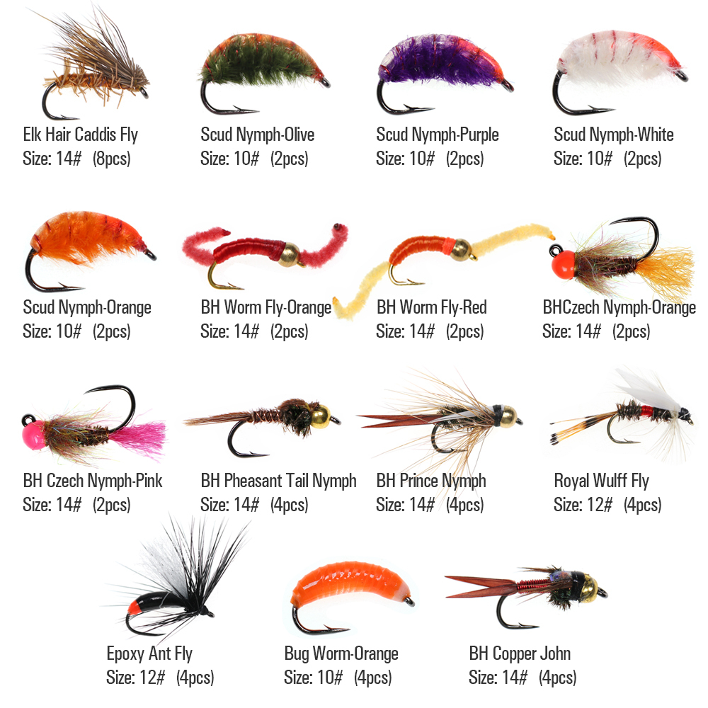 ICERIO 70pcs Fly Fishing Flies Kit Trout Bass Fishing with Fly Box Dry Wet Flies Nymphs Worm Streamers