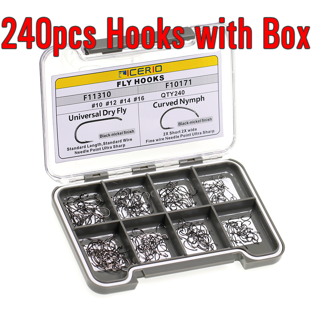 ICERIO 240PCS Fly Tying Hooks Barbed Standard Dry Wet Fly Tying Hook with Box Nymph Shrimp Caddis Pupae Flies Curved Czech Scud Fishing Hook