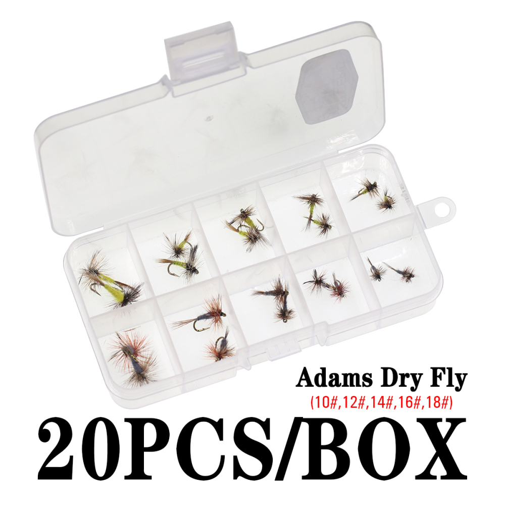 ICERIO 20PCS/BOX Adams Dry Fly Hook Artificial Trout Fishing Lure Bait Adult Mayfly Flying Caddis or Midge Fishing Flies