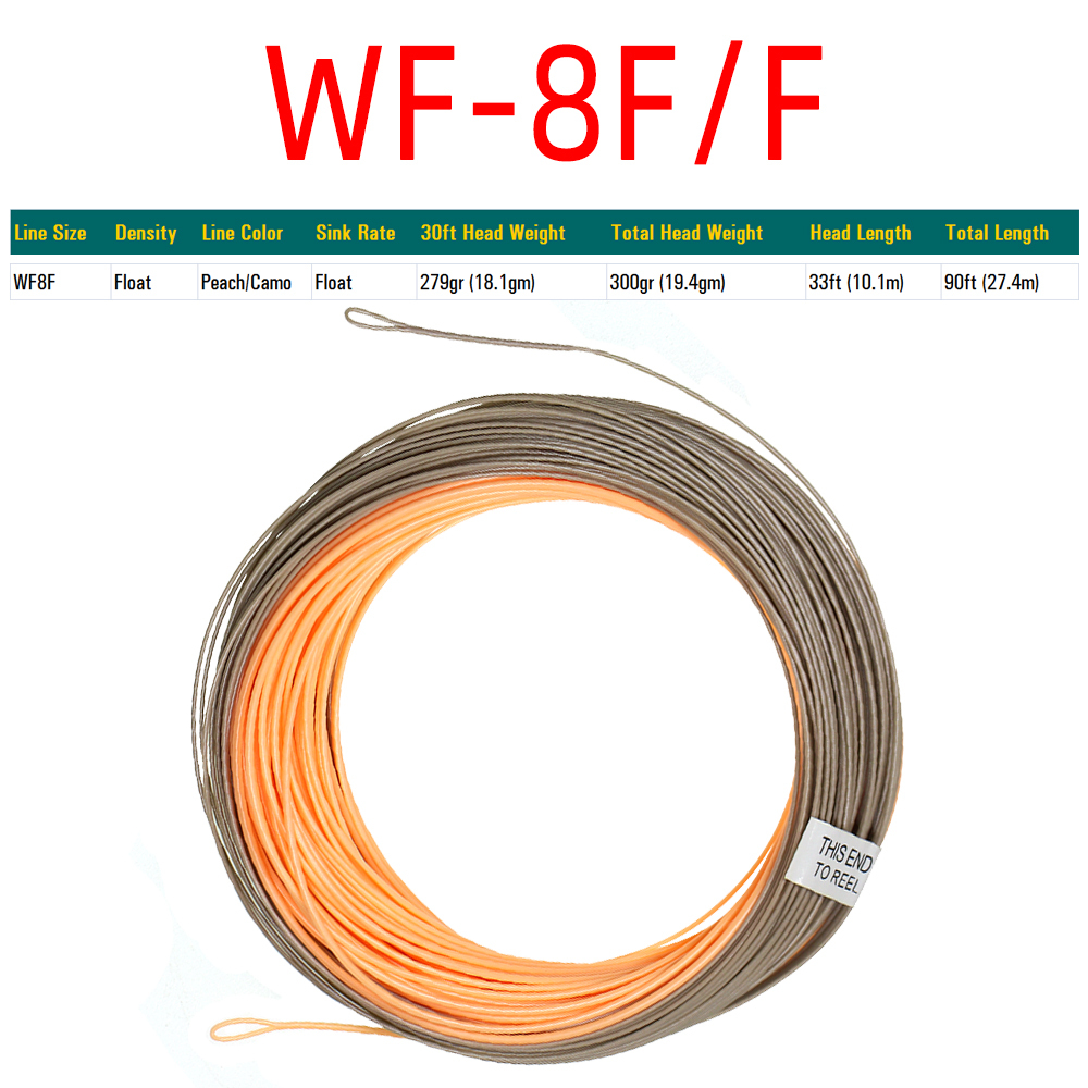 ICERIO 1 Pack 90FT WF-3F~WF-8F Single Handed Spey Fly Fishing Line Weight Fowarded Floating Fly Line With 2 Weld Loops Peach/Camo Fly Fishing Cord