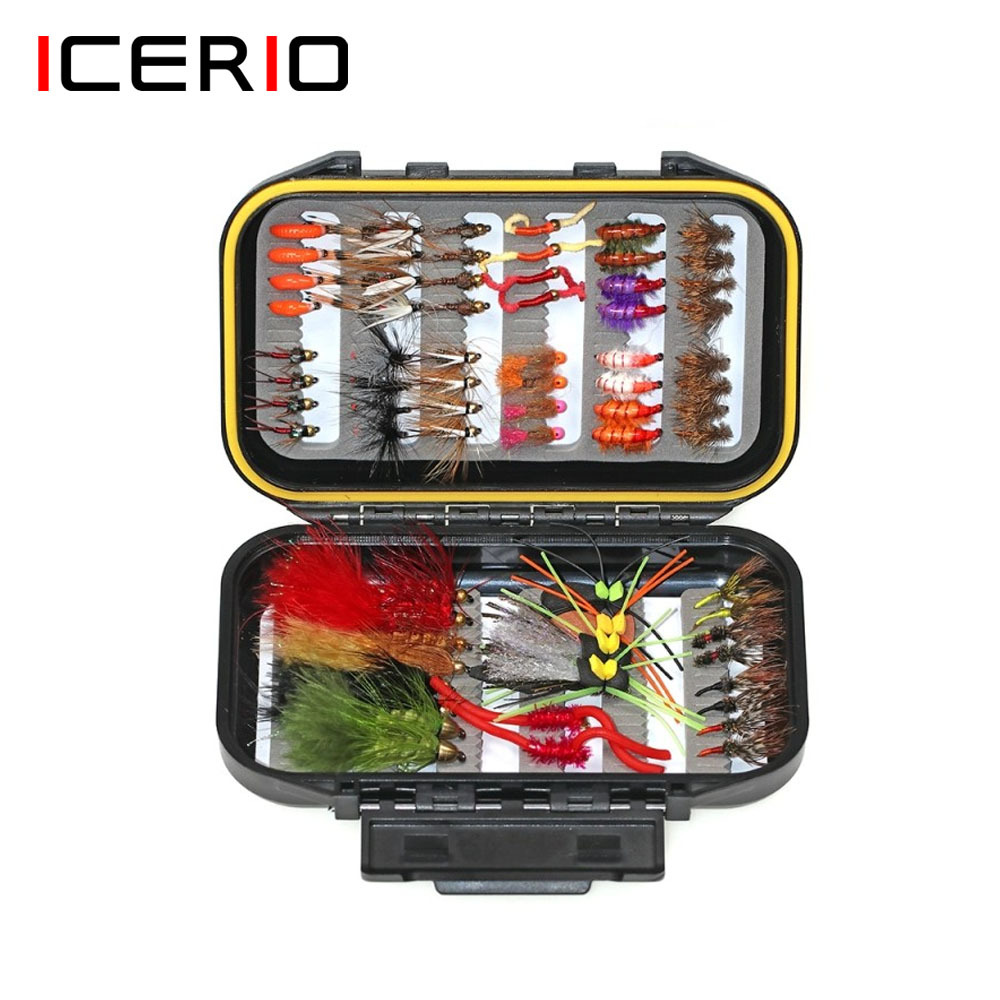 ICERIO 70pcs Fly Fishing Flies Kit Trout Bass Fishing with Fly Box Dry Wet Flies Nymphs Worm Streamers