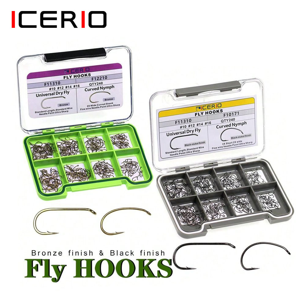 ICERIO 240PCS Fly Tying Hooks Barbed Standard Dry Wet Fly Tying Hook with Box Nymph Shrimp Caddis Pupae Flies Curved Czech Scud Fishing Hook