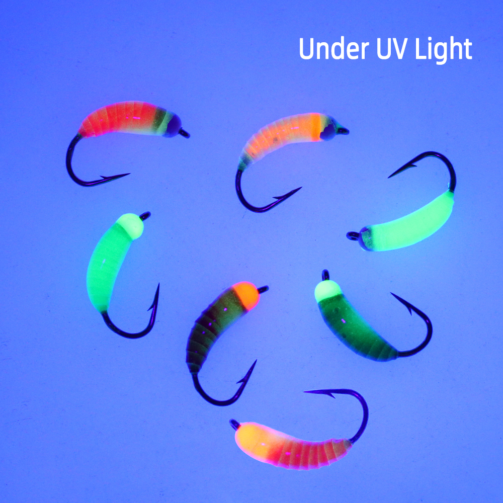 ICERIO 7pcs Tungsten Bead Head Nymph Flies Luminous Scud Worm Fly Caddis Larvae Insect Baits Trout Perch Fishing Lure Bait