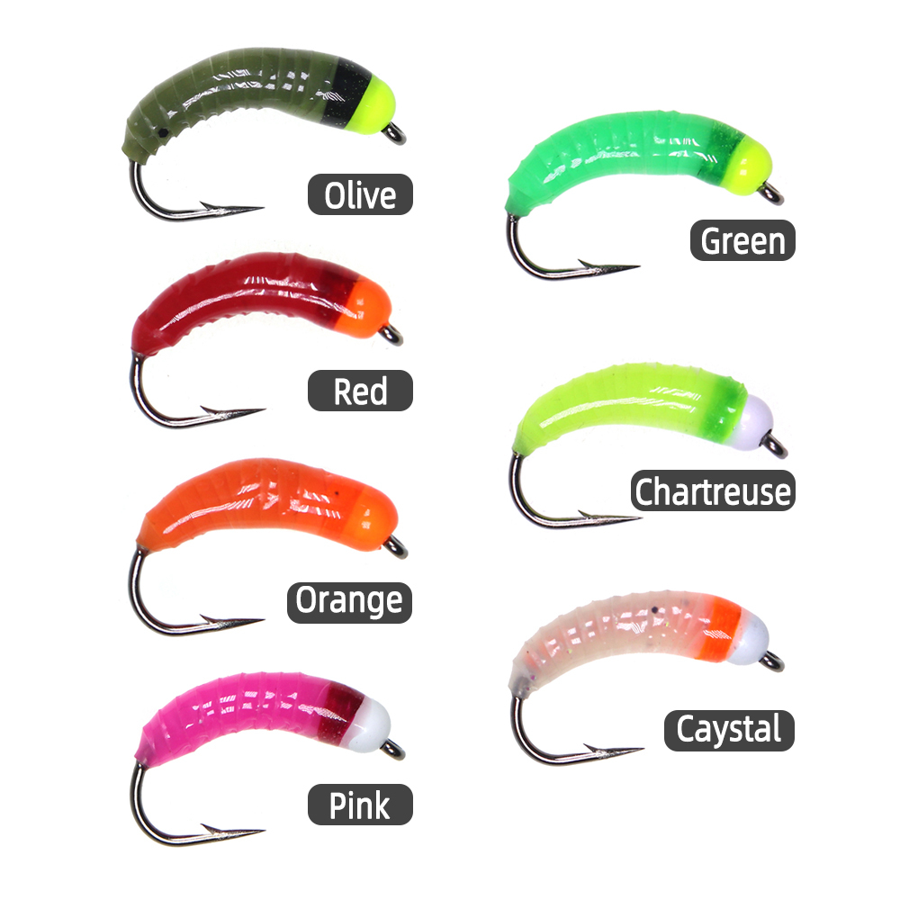 ICERIO 7pcs Tungsten Bead Head Nymph Flies Luminous Scud Worm Fly Caddis Larvae Insect Baits Trout Perch Fishing Lure Bait