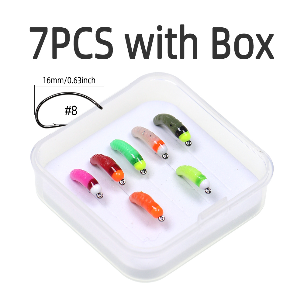 ICERIO 7pcs Tungsten Bead Head Nymph Flies Luminous Scud Worm Fly Caddis Larvae Insect Baits Trout Perch Fishing Lure Bait