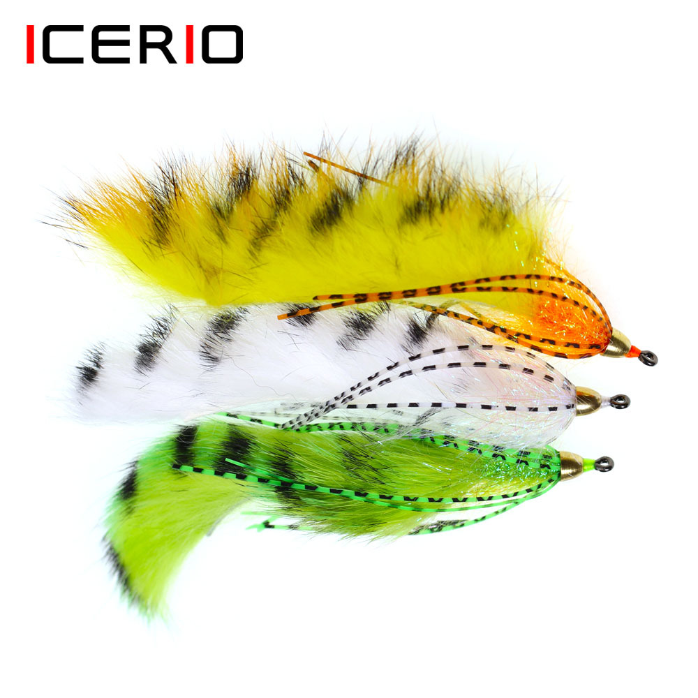 ICERIO 3PCS Brass Cone Heads Barred Zonker Streamers Flies Trout Bass Fishing Fly Lure Baits 1/0
