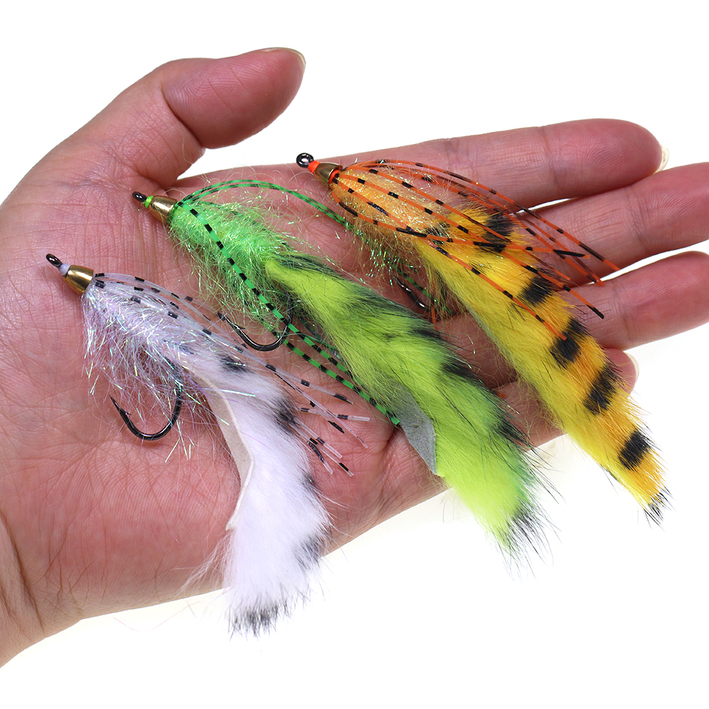 ICERIO 3PCS Brass Cone Heads Barred Zonker Streamers Flies Trout Bass Fishing Fly Lure Baits 1/0