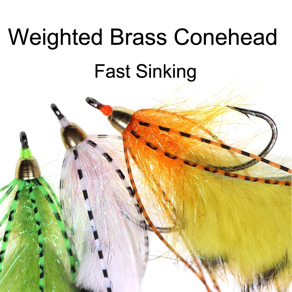 ICERIO 3PCS Brass Cone Heads Barred Zonker Streamers Flies Trout Bass Fishing Fly Lure Baits 1/0