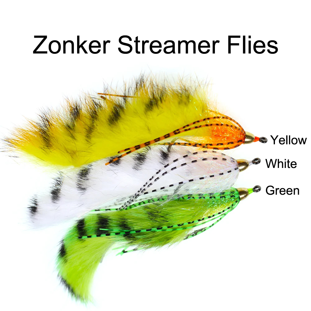 ICERIO 3PCS Brass Cone Heads Barred Zonker Streamers Flies Trout Bass Fishing Fly Lure Baits 1/0