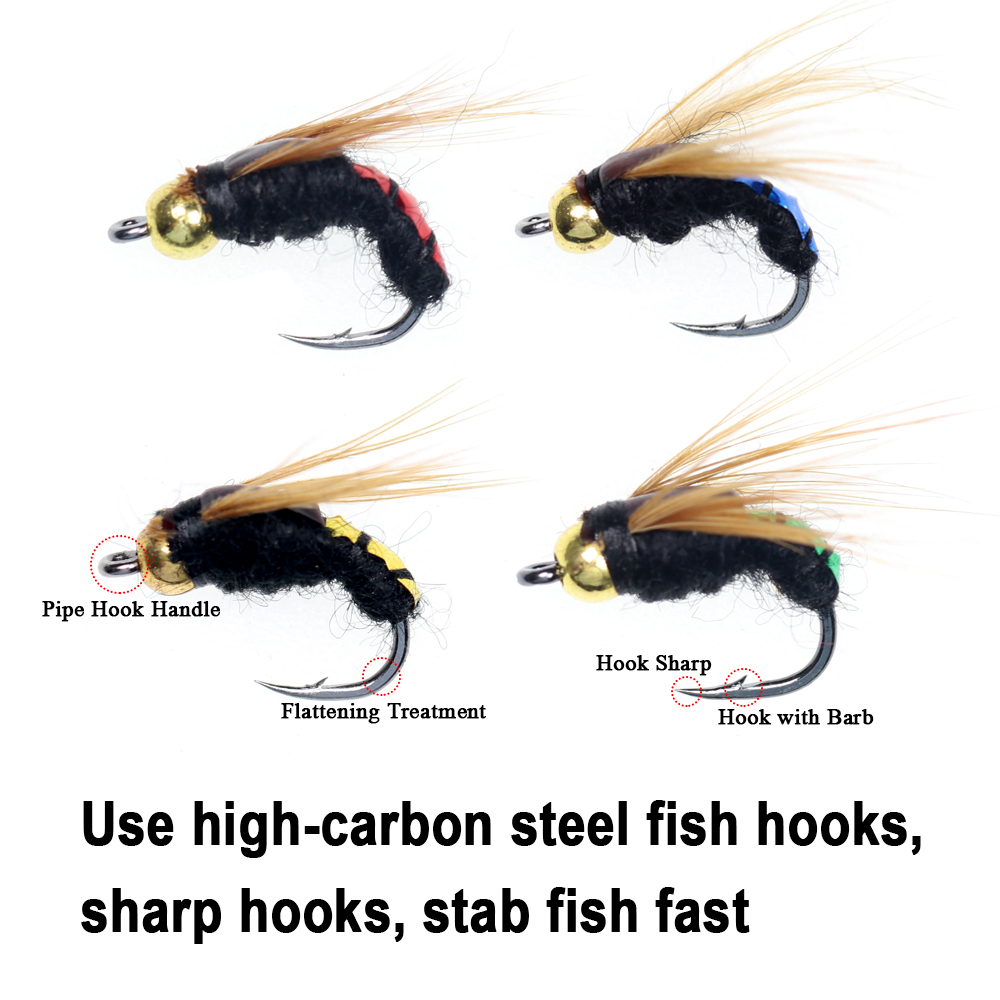 ICERIO 32pcs/Box Bead Head Fast Sinking Nymph Scud Fly Bug Worm Trout Fishing Flies Artificial Insect Fishing Bait Lure