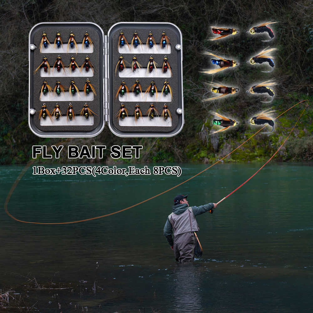 ICERIO 32pcs/Box Bead Head Fast Sinking Nymph Scud Fly Bug Worm Trout Fishing Flies Artificial Insect Fishing Bait Lure