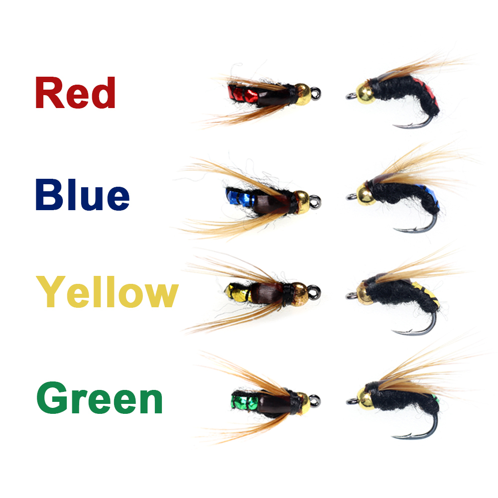 ICERIO 32pcs/Box Bead Head Fast Sinking Nymph Scud Fly Bug Worm Trout Fishing Flies Artificial Insect Fishing Bait Lure