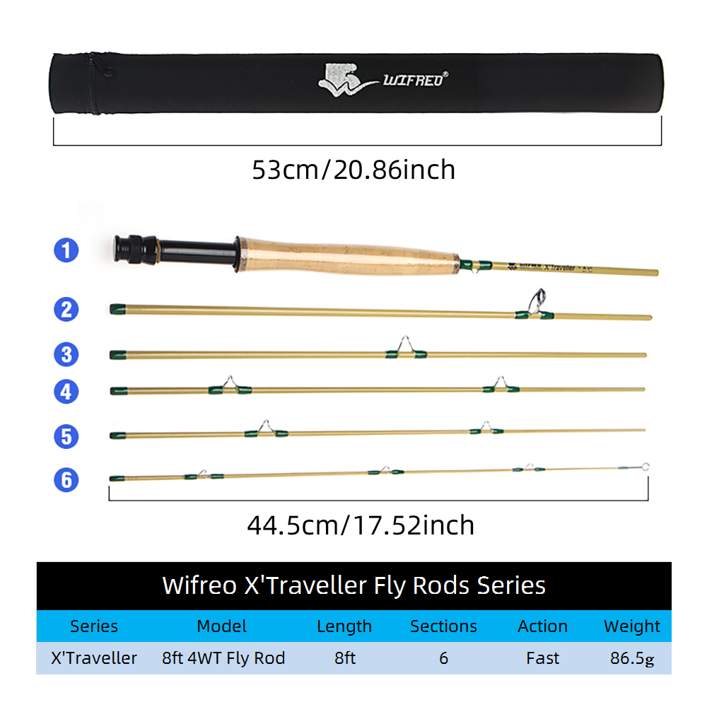 ICERIO X' Traveller 6 Setions 8FT 4WT Carbon Fiber Fly Fishing Rod For Lake Stream TroutFishing Fast Action Lightweight Portable