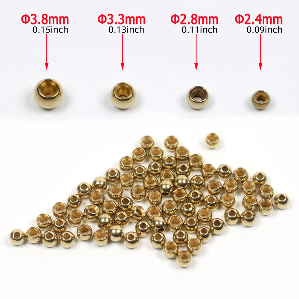 ICERIO 100PCS Fly Tying Brass Beads for Nymph Streamer Bugs Fly Hook Fishing Tying Materials 2.4mm 2.8mm 3.3mm 3.8mm
