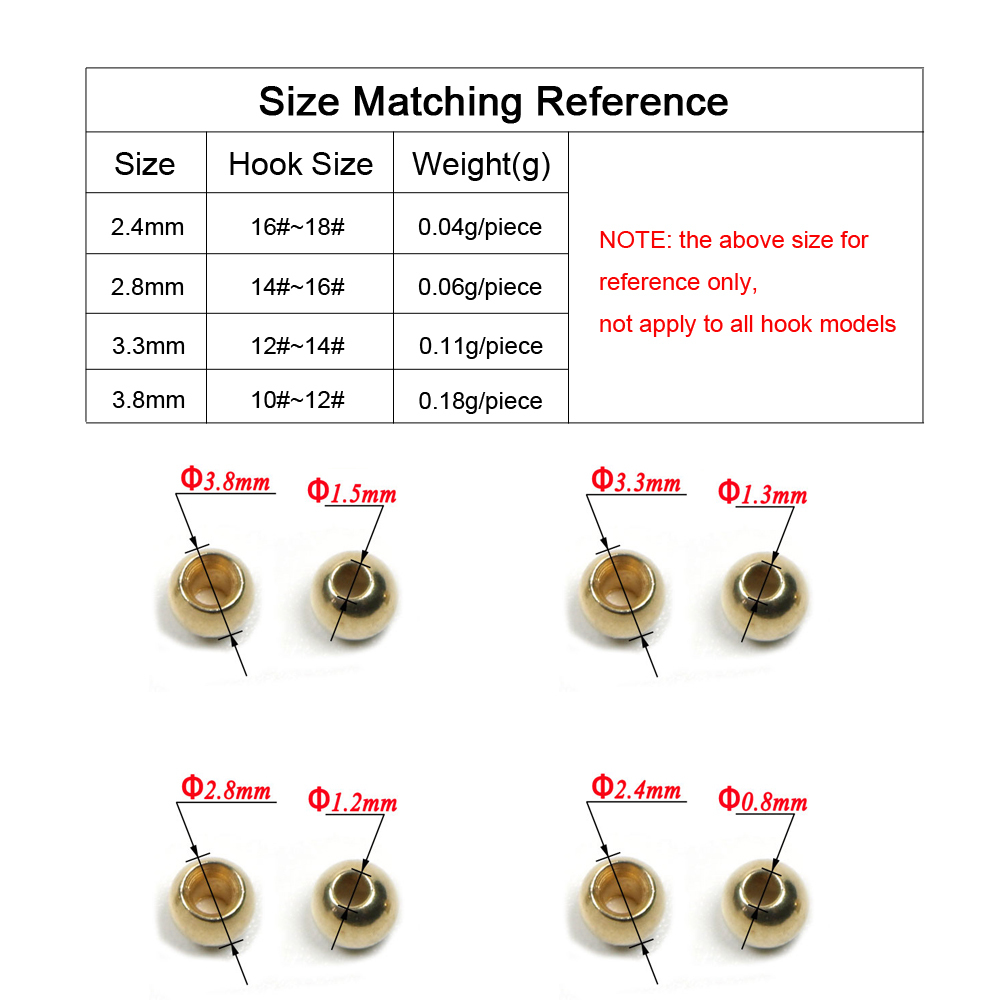 ICERIO 100PCS Fly Tying Brass Beads for Nymph Streamer Bugs Fly Hook Fishing Tying Materials 2.4mm 2.8mm 3.3mm 3.8mm