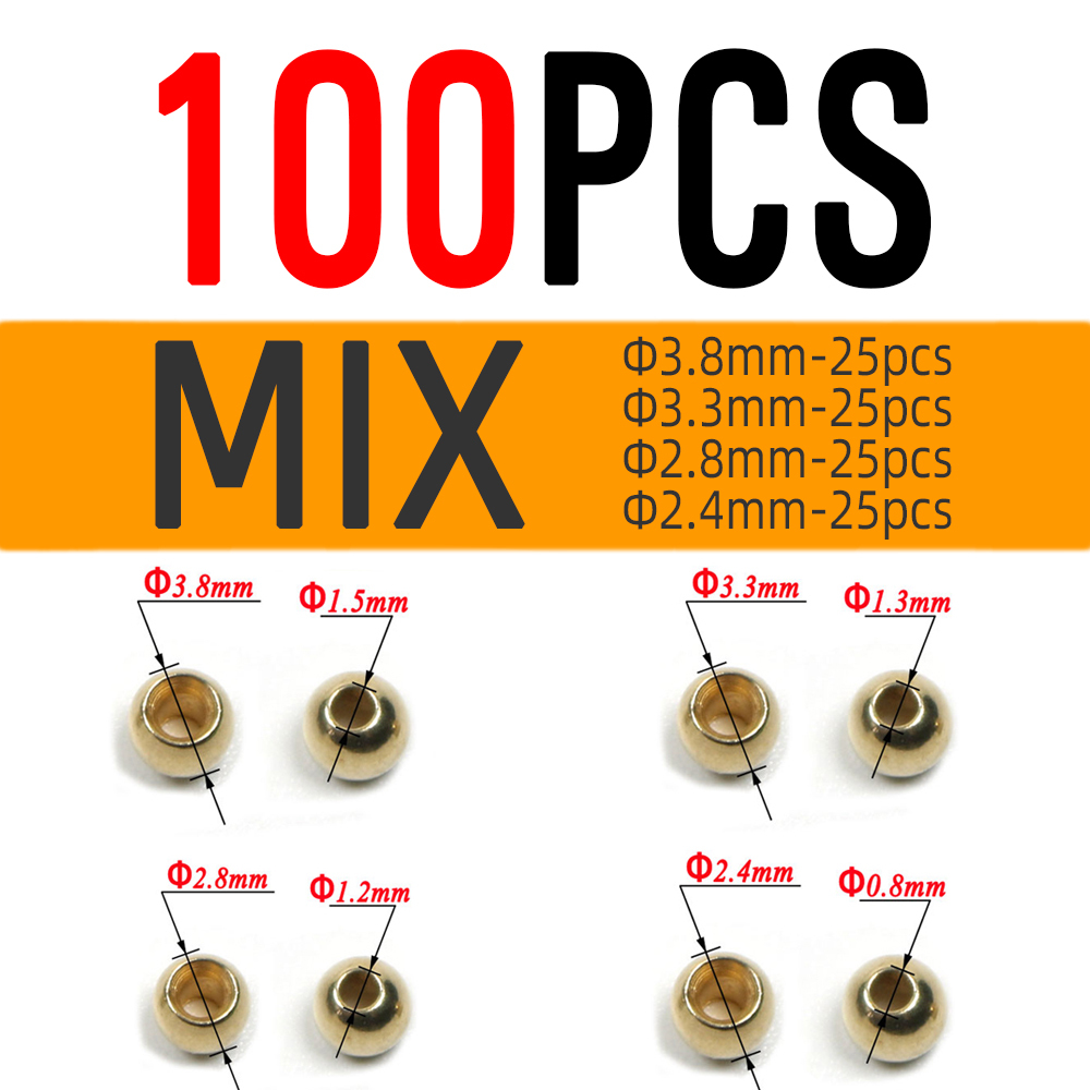ICERIO 100PCS Fly Tying Brass Beads for Nymph Streamer Bugs Fly Hook Fishing Tying Materials 2.4mm 2.8mm 3.3mm 3.8mm