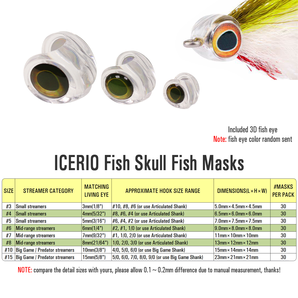 ICERIO 30PCS Fly Tying Fish Skull Fish Masks with 3D Eyes for Making Streamer Pike Bass Trout Lures Saltwater Fly Tying Material
