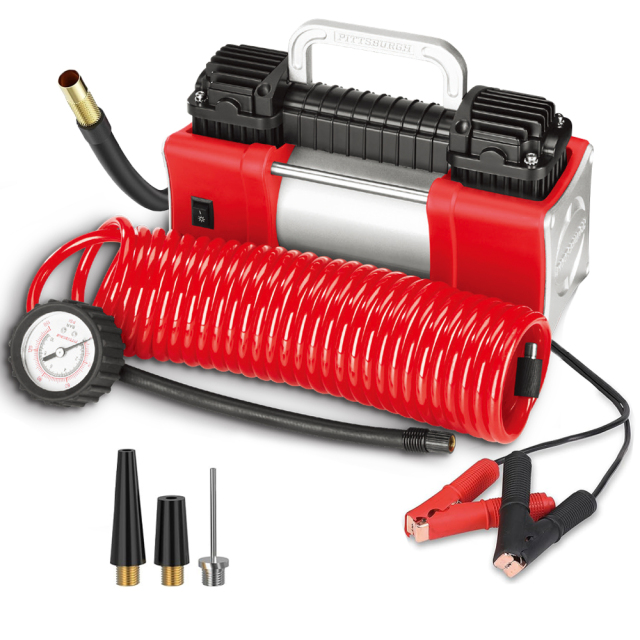 Avid Power Heavy Duty Tire Inflator Portable Air Compressor with DC 12V Battery Clamp Dual Cylinder 150PSI Air Pump