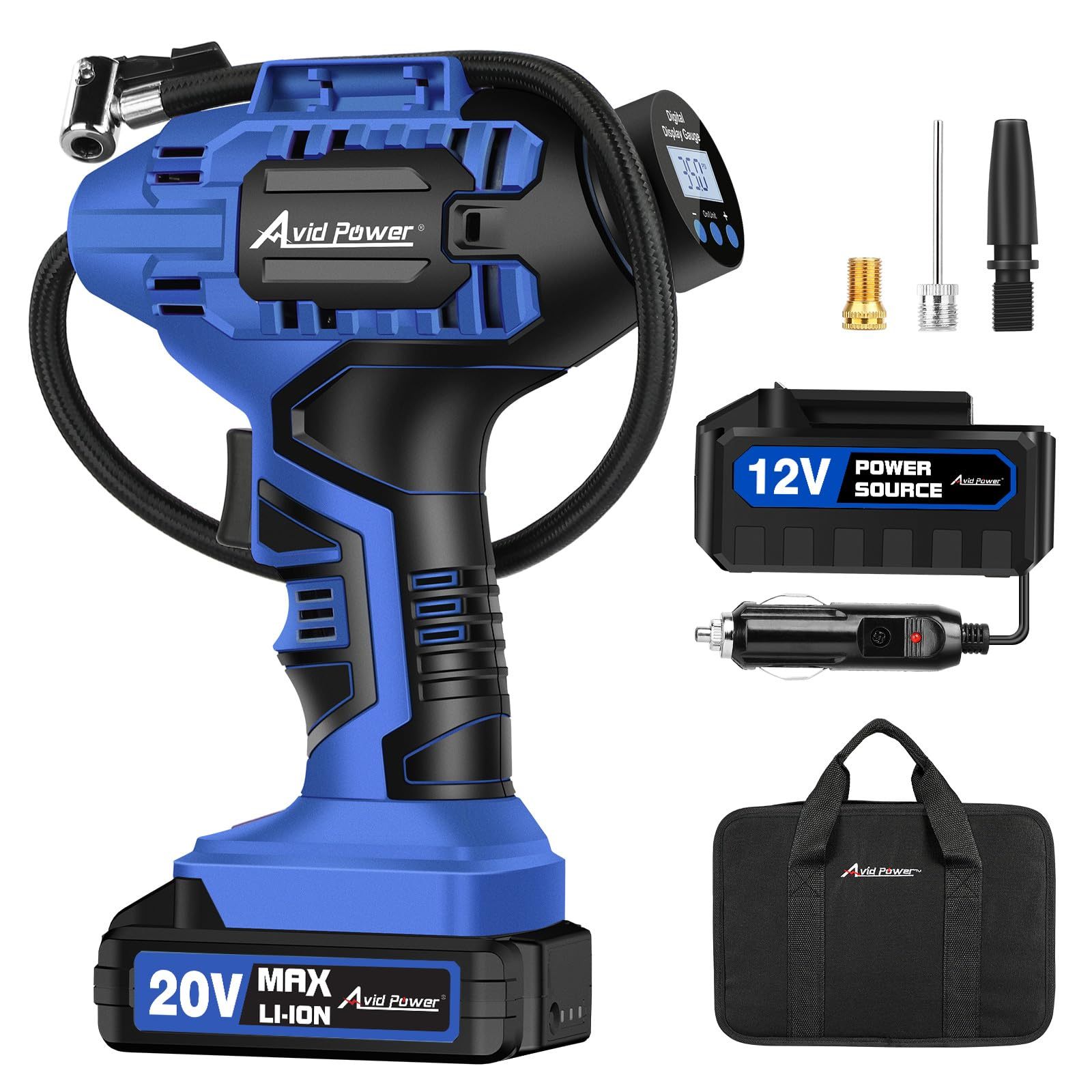 AVID POWER Cordless Tire Inflator Portable Air Compressor Rechargeable Battery Powered 20V/12V DC Car Tire Pump Blue
