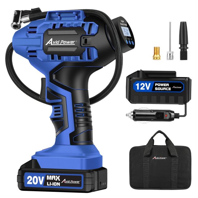 AVID POWER Cordless Tire Inflator Portable Air Compressor Rechargeable Battery Powered 20V/12V DC Car Tire Pump Blue