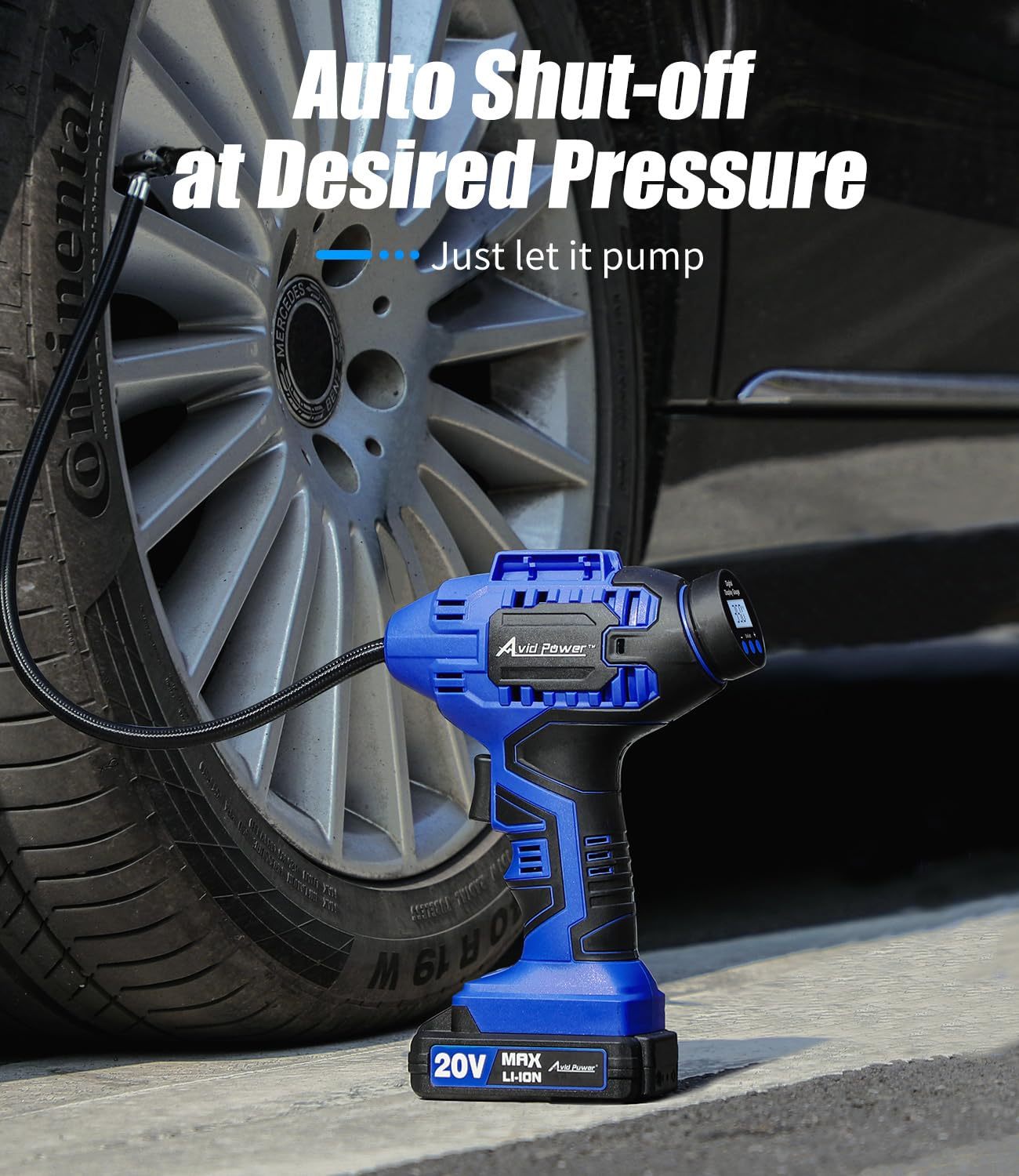 AVID POWER Cordless Tire Inflator Portable Air Compressor Rechargeable Battery Powered 20V/12V DC Car Tire Pump Blue